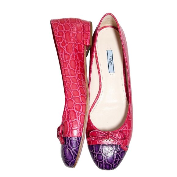 PRADA St. Cocco Bicolo Croc Embossed Leather Bow Flats in Red/Purple - EU Sz 40 - Picture 4 of 9